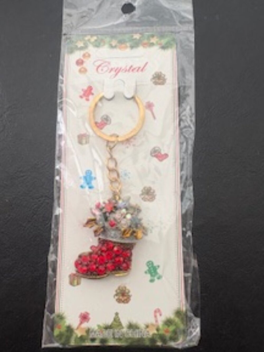 Christmas stocking key chain-Gold tone-Red & clear  rhinestones